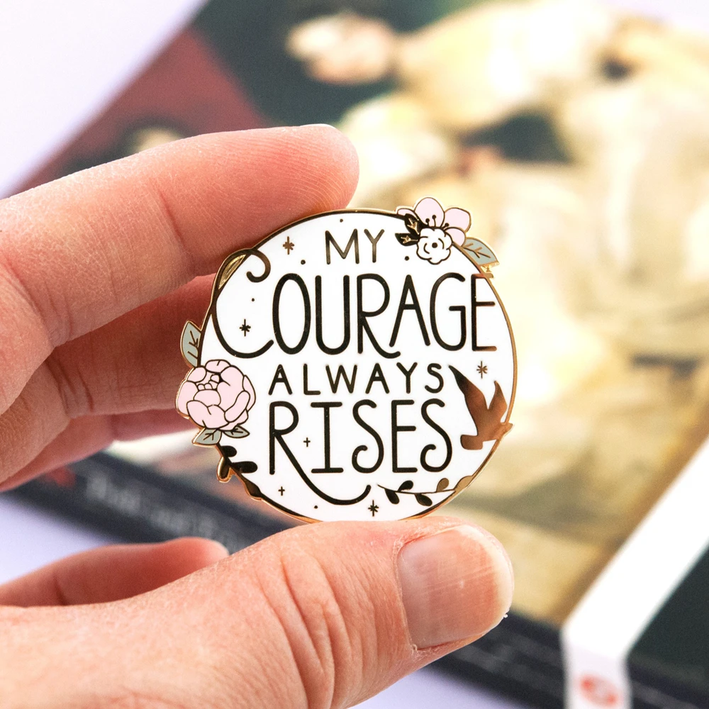 My Courage Always Rises Hard Enamel Pin Pride and Prejudices Brooch Kawaii Pastel Pink Flower Surround Badge Bookworm Gift