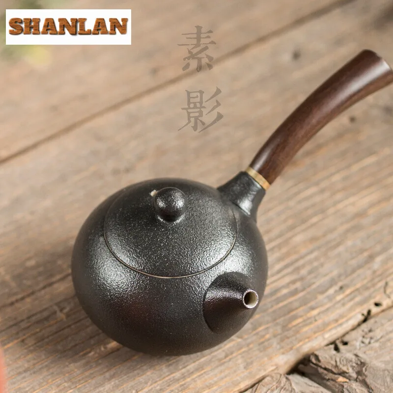 220ml Coarse Pottery Side Handle Kettle Household Heat Insulation Teapot Vintage Pot with Ebony Grip Tea Making Teaset Ornaments