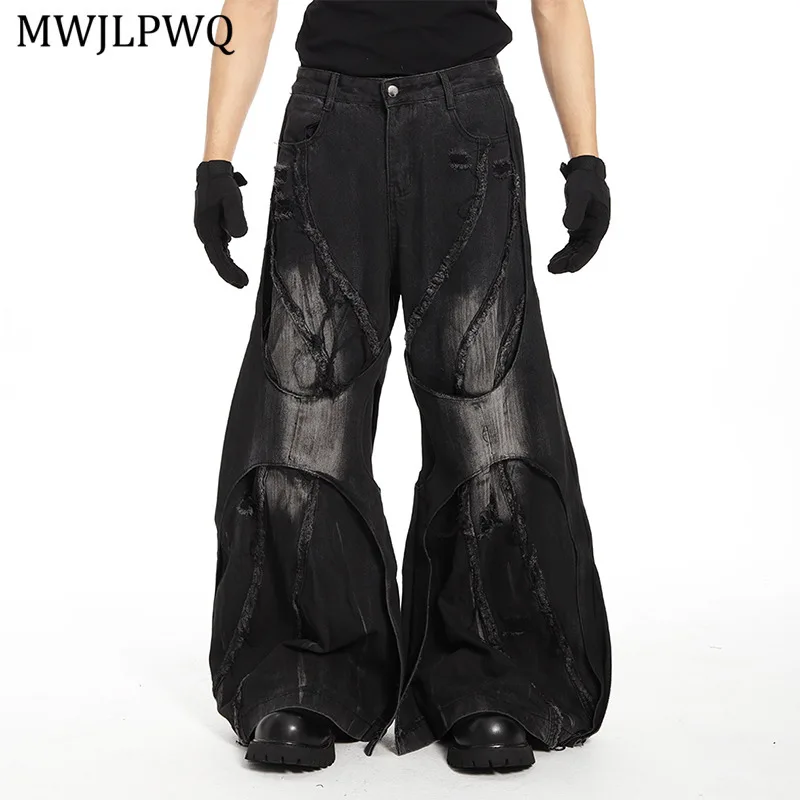 

MWJLPWQ Deconstructed Split Patchwork Gradient Wide-Leg Flared Jeans Men's High Street Loose Floor-Length Straight Pants 11597