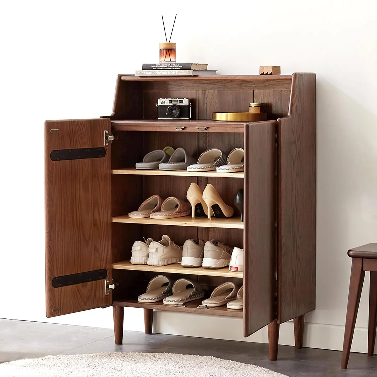 Solid Wood Shoe Cabinet With Doors & 4-Tier Shelves, Mid Century Shoe Rack For Entryway, 13.8