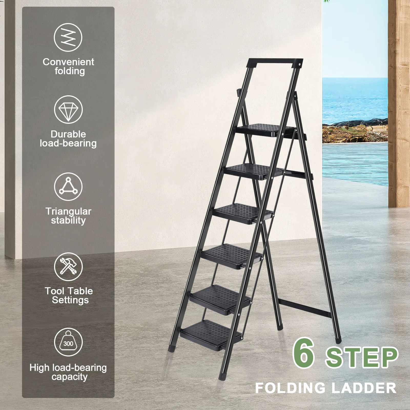 6 Step Ladder Lightweight Foldable Ladder with Non-Slip Wide Pedals Stepladder with Safe Handrail Space Saving for Home