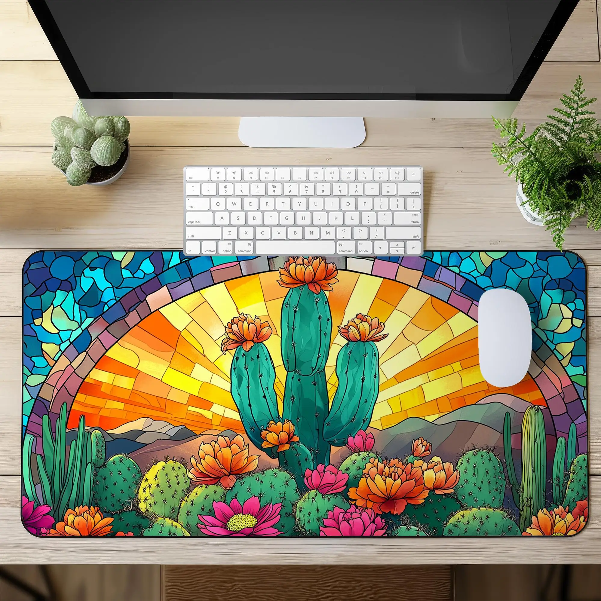 Cactus Sunset Pattern Desk Mat, Colorful Cactus Mouse Pad, Suitable for Office and Gaming Desks, Desert Decoration, Gift