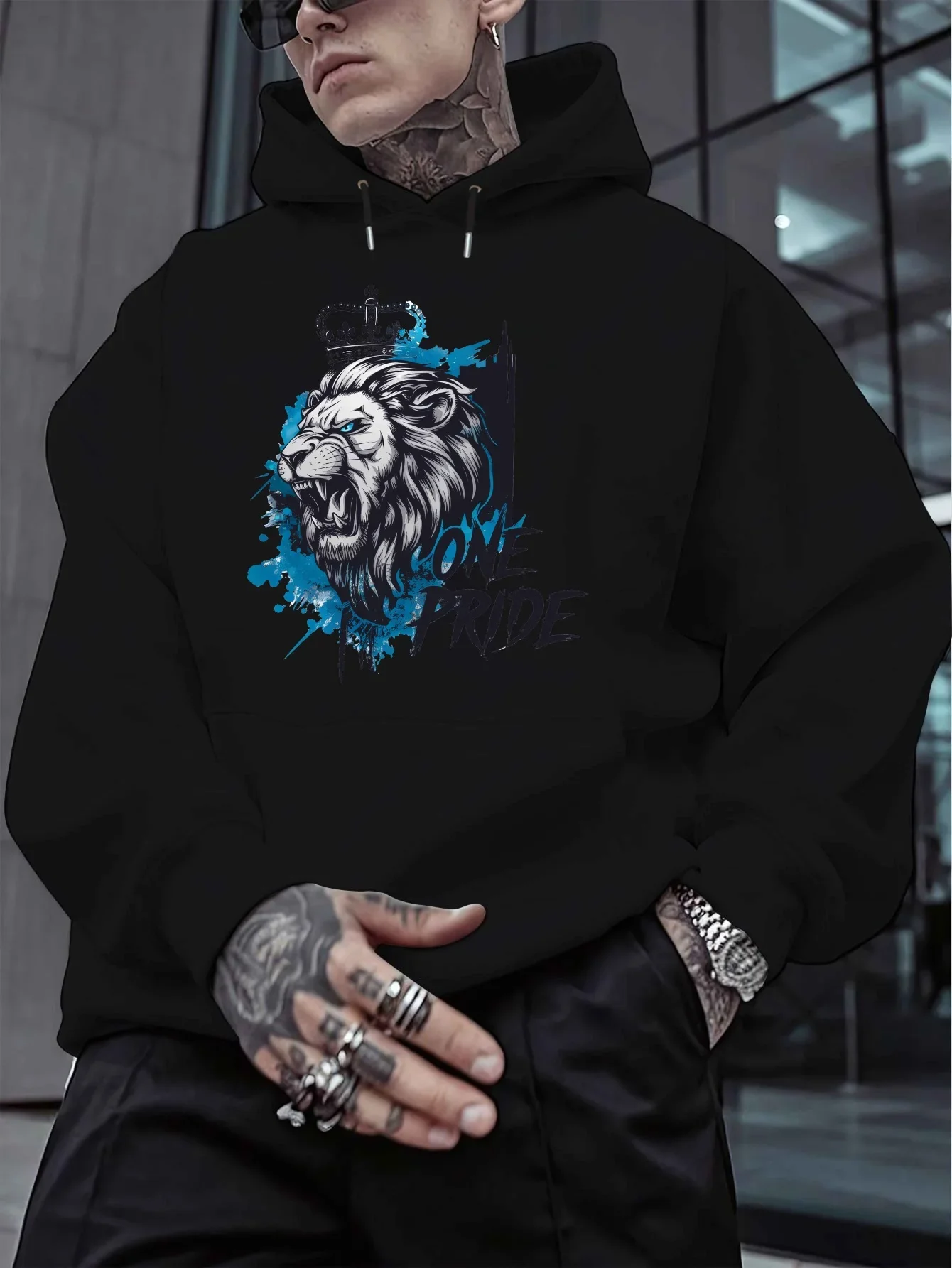 King Lion With Crown Hoodie Splash‑Ink Animal Streetwear Pullover Unisex Oversized Fleece Hoodie Fall Winter