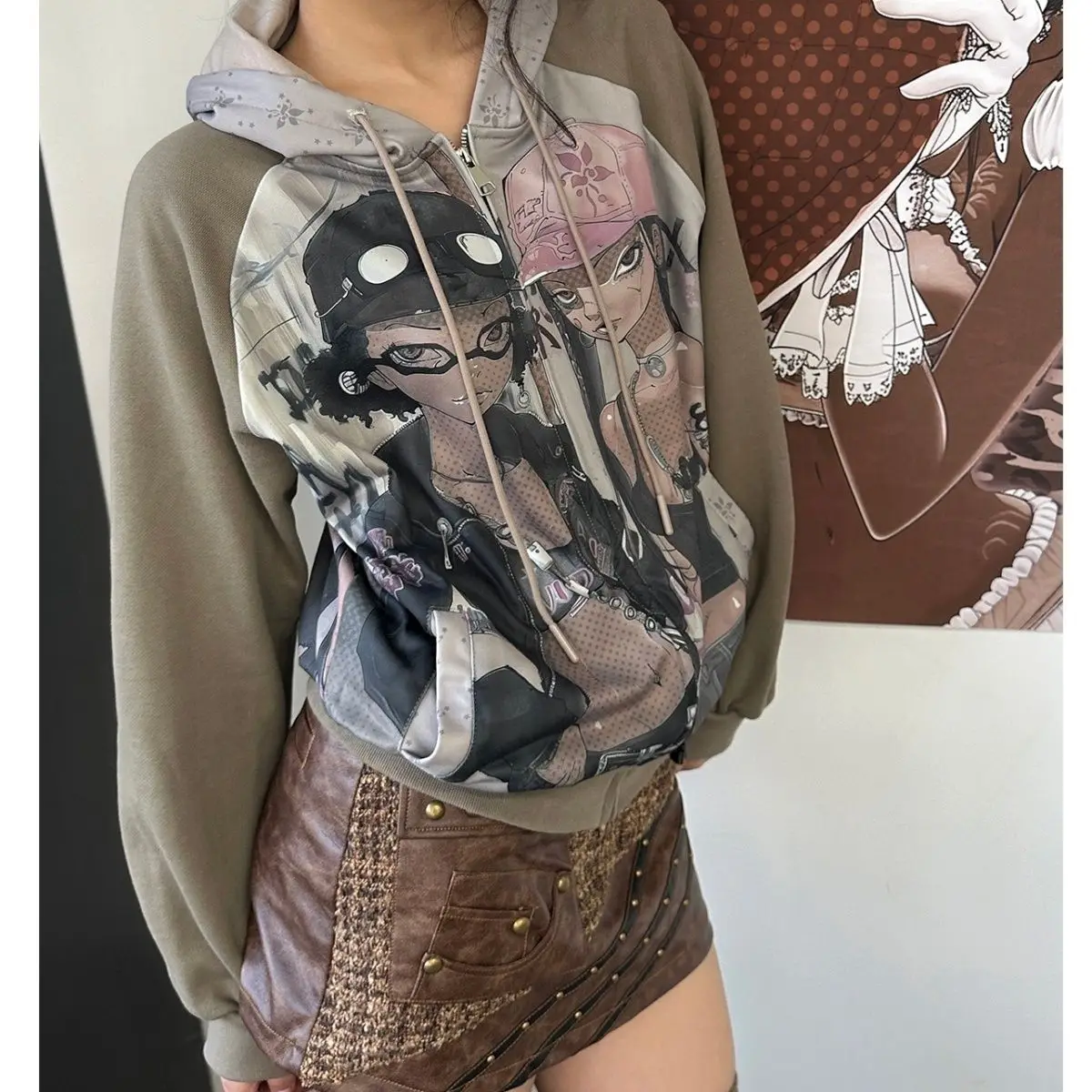 Japanese Style Personality Cartoon Graffiti Pattern Trend Long Sleeved Gray Oversizeds Cotton Y2k Hoodies Zip Up Clotihing