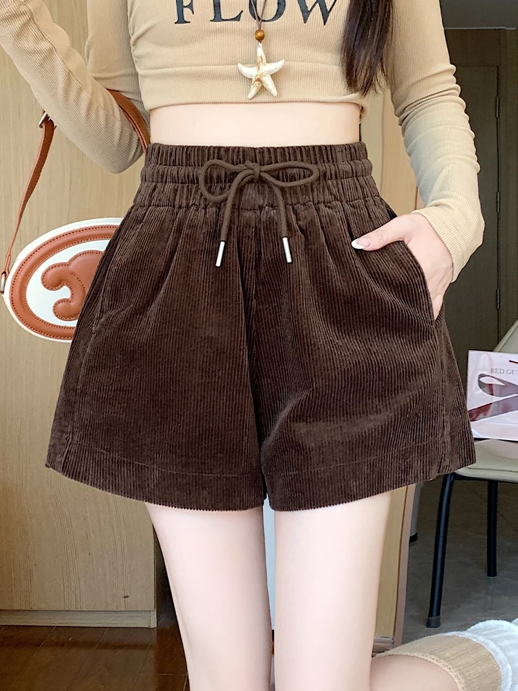 솔리드 컬러 엘라스틱 허리밴드 코듀로이 반바지 여성 가을 2025 신상 하이웨이스트 드로스트링 캐주얼 다용도 와이드 레그 반바지