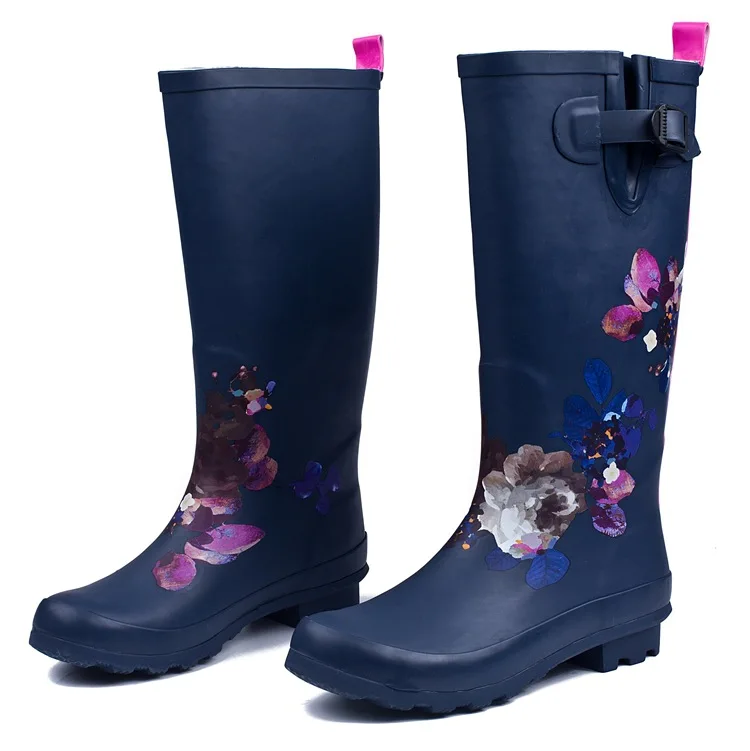 Fashion Ladies High-top Rain Boots Rain Boots Navy Blue Flower Water Shoes Rubber Sleeve Long Rain Boots