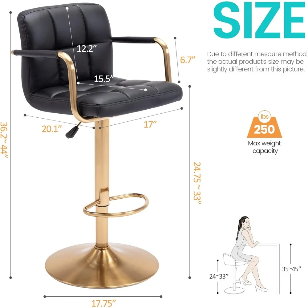 Modern PU Leather Square Bar Stools, Adjustable Swivel Barstools with Back and Arms, Airlift Counter Height Chairs for Kitchen