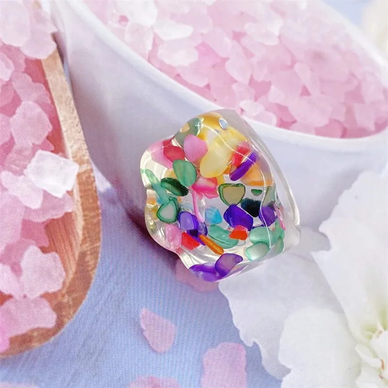 New ins style creative personality resin transparent ring small fresh color gravel wide face exaggerated hand jewelry wholesale