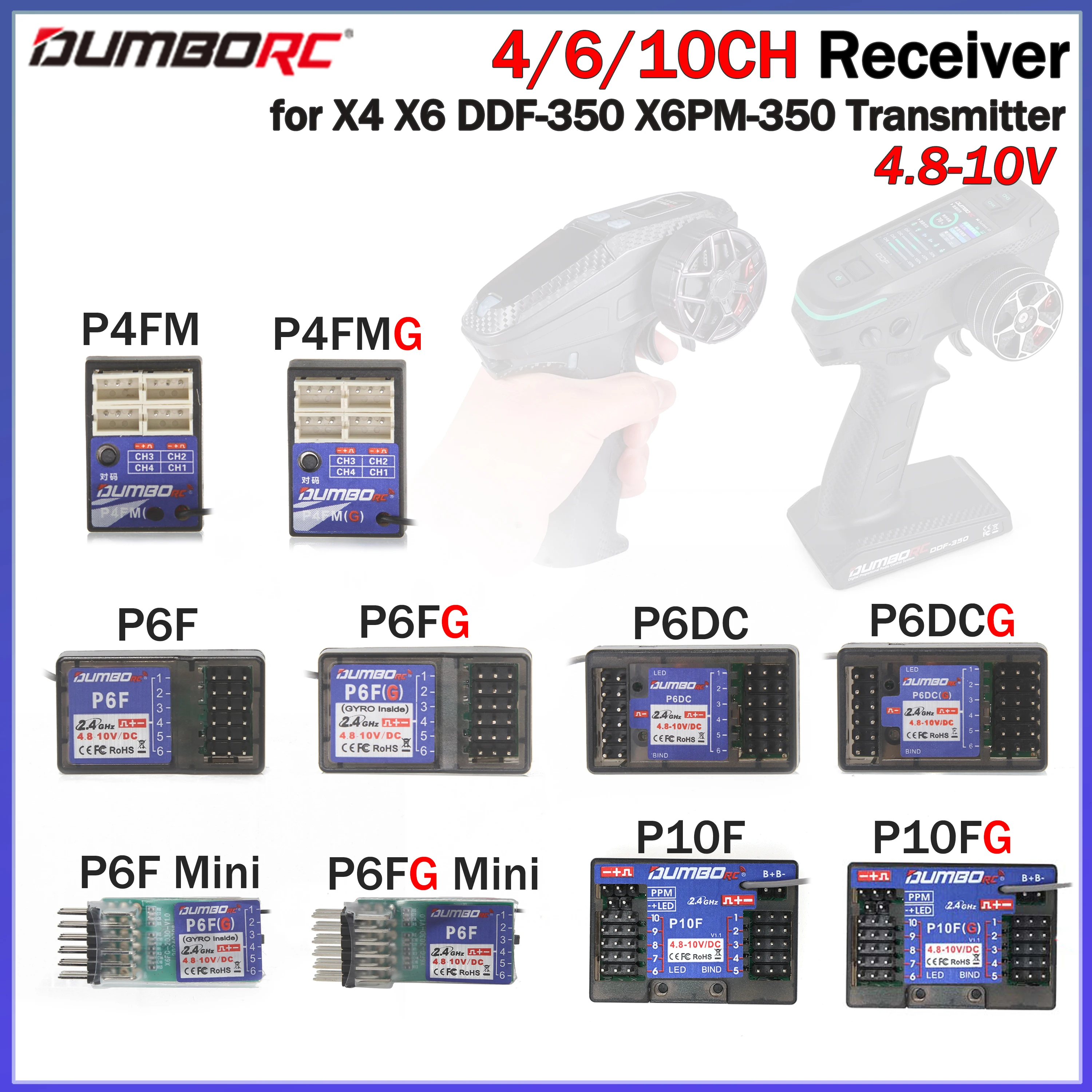 DUMBORC 4/6/10CH Gyro Receiver P6FG P10FG P6DC P4FM Voltage Return 4.8-10V for X4 X6 DDF-350 X6PM-350 Transmitter RC Car Truck