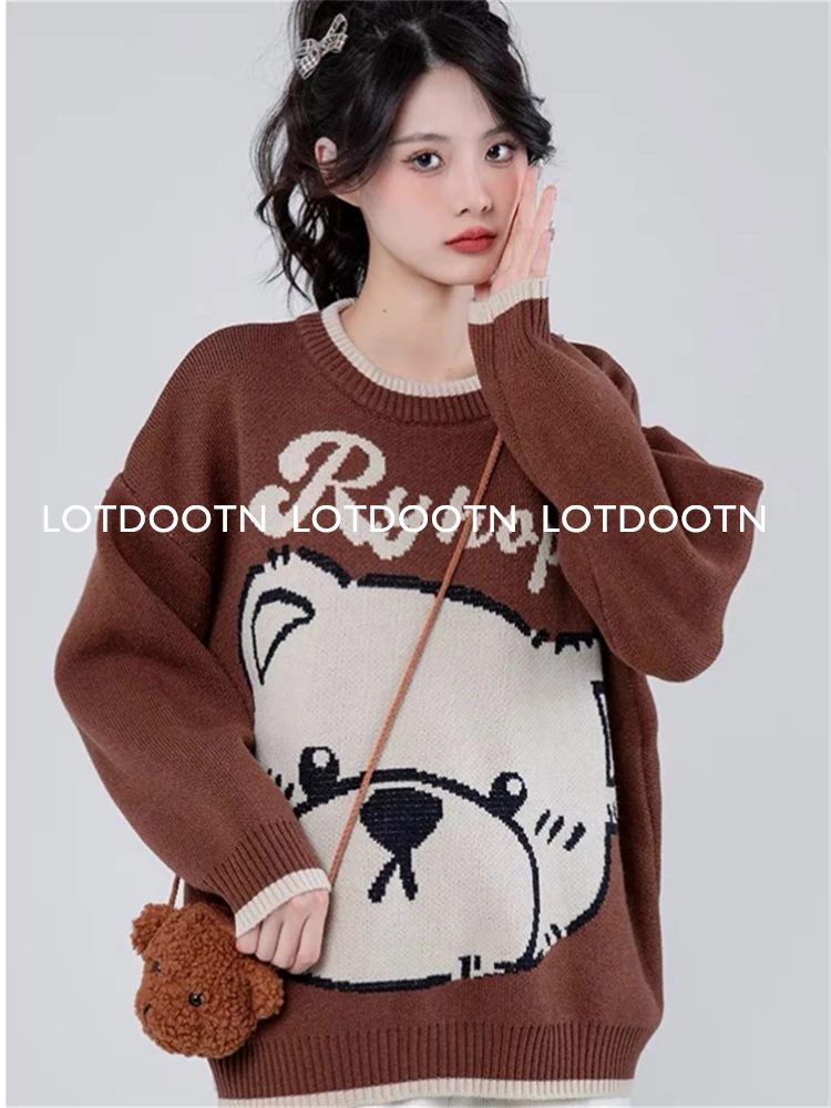 LOTDOOTN Cartoon Bear Y2k Harajuku Kawaii Retro Cute Round Neck Pullover Sweater Pattern Knitted Warm Loose Knitted Jumper Women