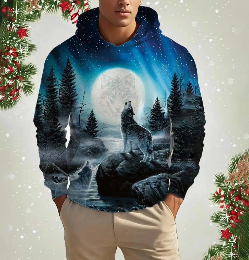 عيد الميلاد هوديي الرجال مقنعين الحيوان الذئب ثلاثية الأبعاد طباعة هوديس قمة الخريف البلوز المتضخم بلوزات طفل هوديي المرأة هوديي #6