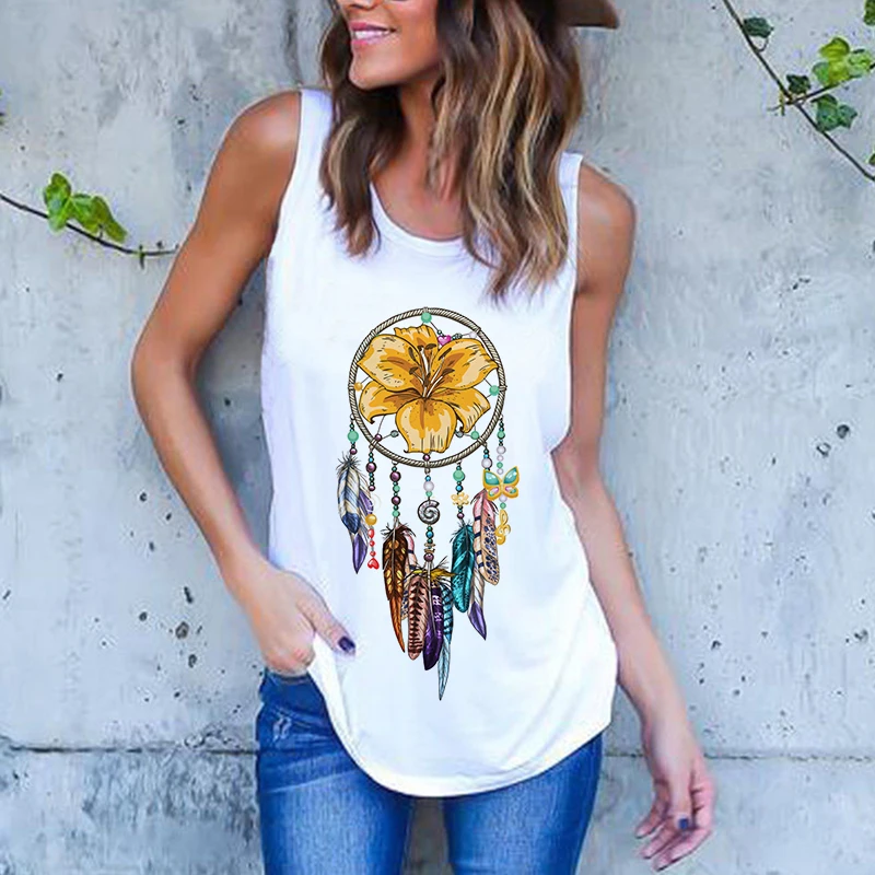 Lato Harajuku Vintage Feather Dreamcatcher Print damskie podkoszulki Casual O-Neck kamizelka bez rękawów Streetwear koszulka damska ubrania — zdjęcie 5
