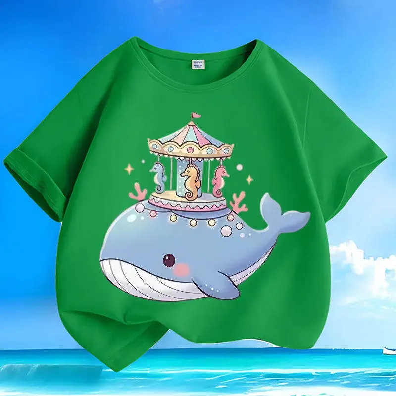 Cotton Summer New Cartoon Cute Whale Short Sleeved Small Children's Round Neck Loose Parent-child T-shirt Casual Top