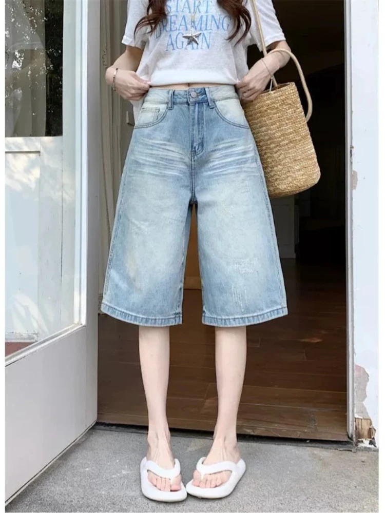 Jeans Light Blue Wide Leg High Waist Loose Casual Summer New Cropped Ripped Straight Mid For Women Slimming Chic Trousers
