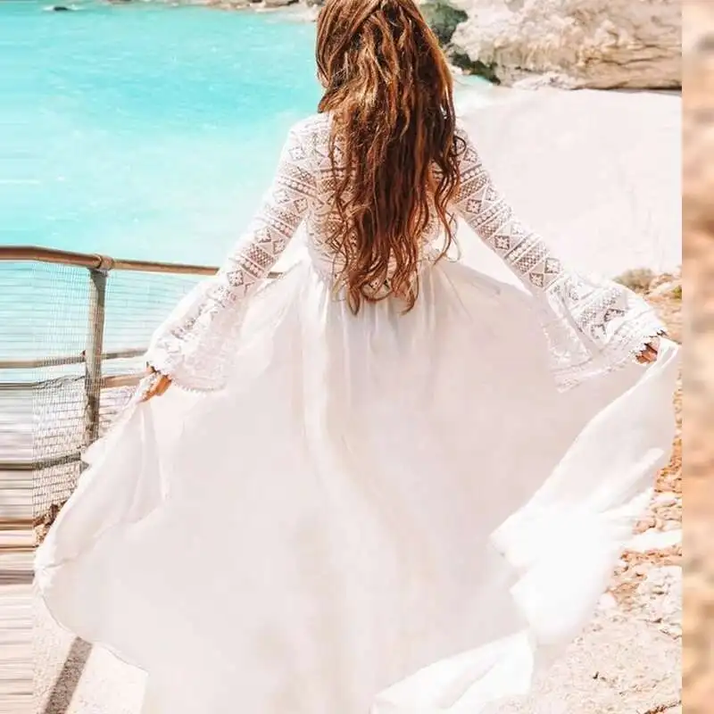

Lace Jacquard Patchwork Beach Cover Sexy V Neck Tie Up Long Sleeved Vacation Dress See Through Bikini Sun Protection Cardigan