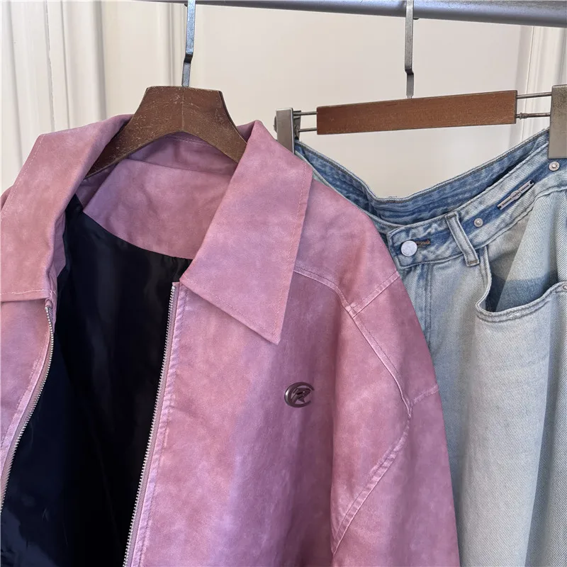 ピンクマット秋のファッションレディースコートラペルソリッドカラージッパーデザイントップルーズオールマッチタイトカフデザインジャケット