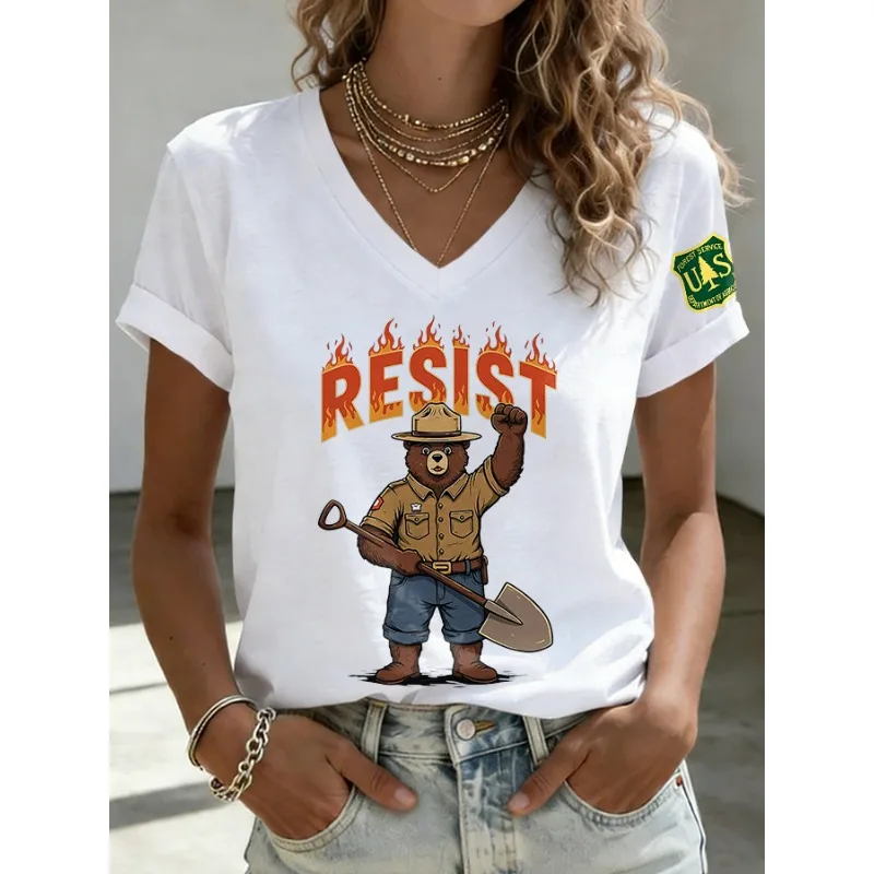 New Women's Protect Our Forests Print T-Shirts Summer Retro V Neck Tops Short Sleeve Casual Resist Tees