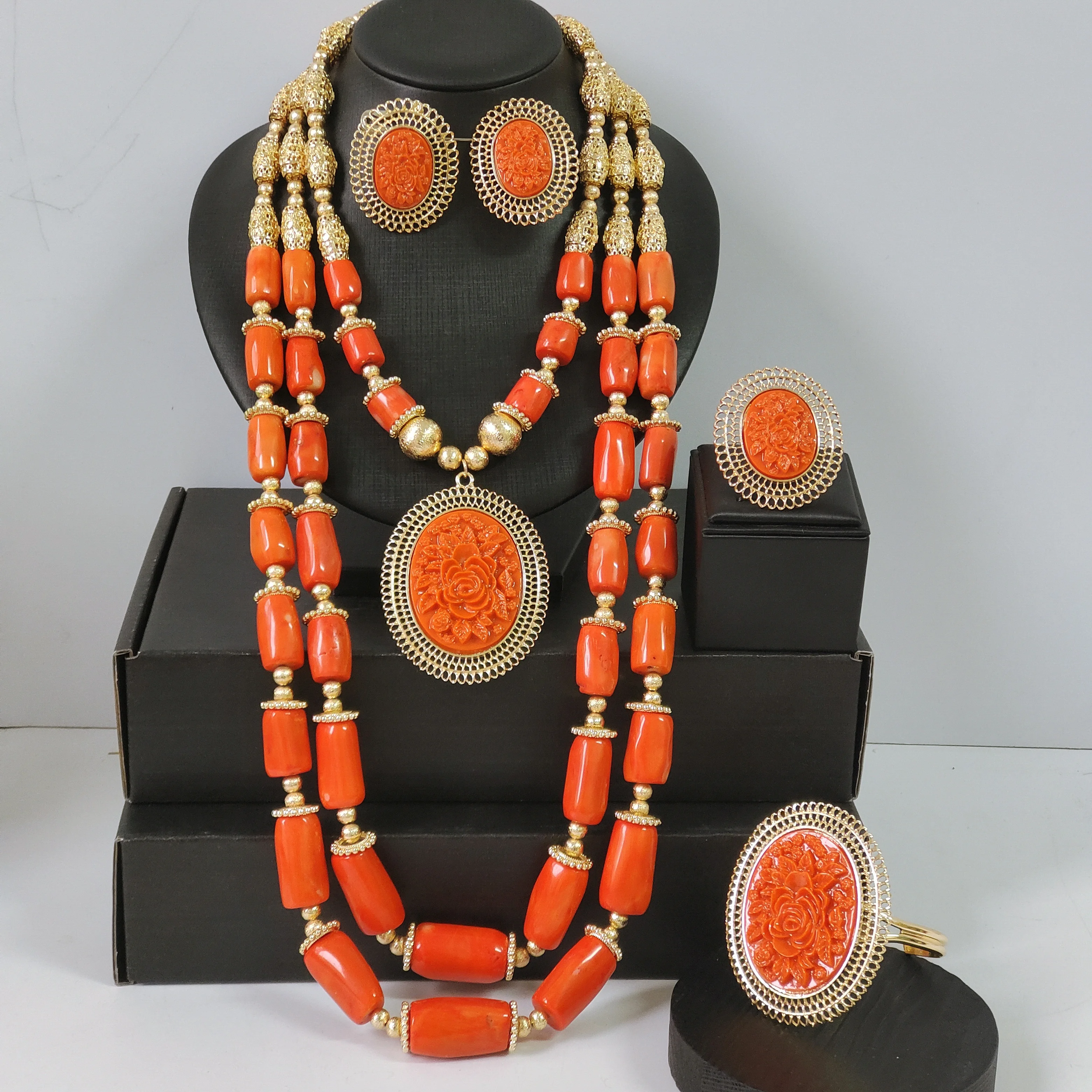 

Nigerian Traditional Wedding Original Orange Coral Beads Jewelry Sets for Woman
