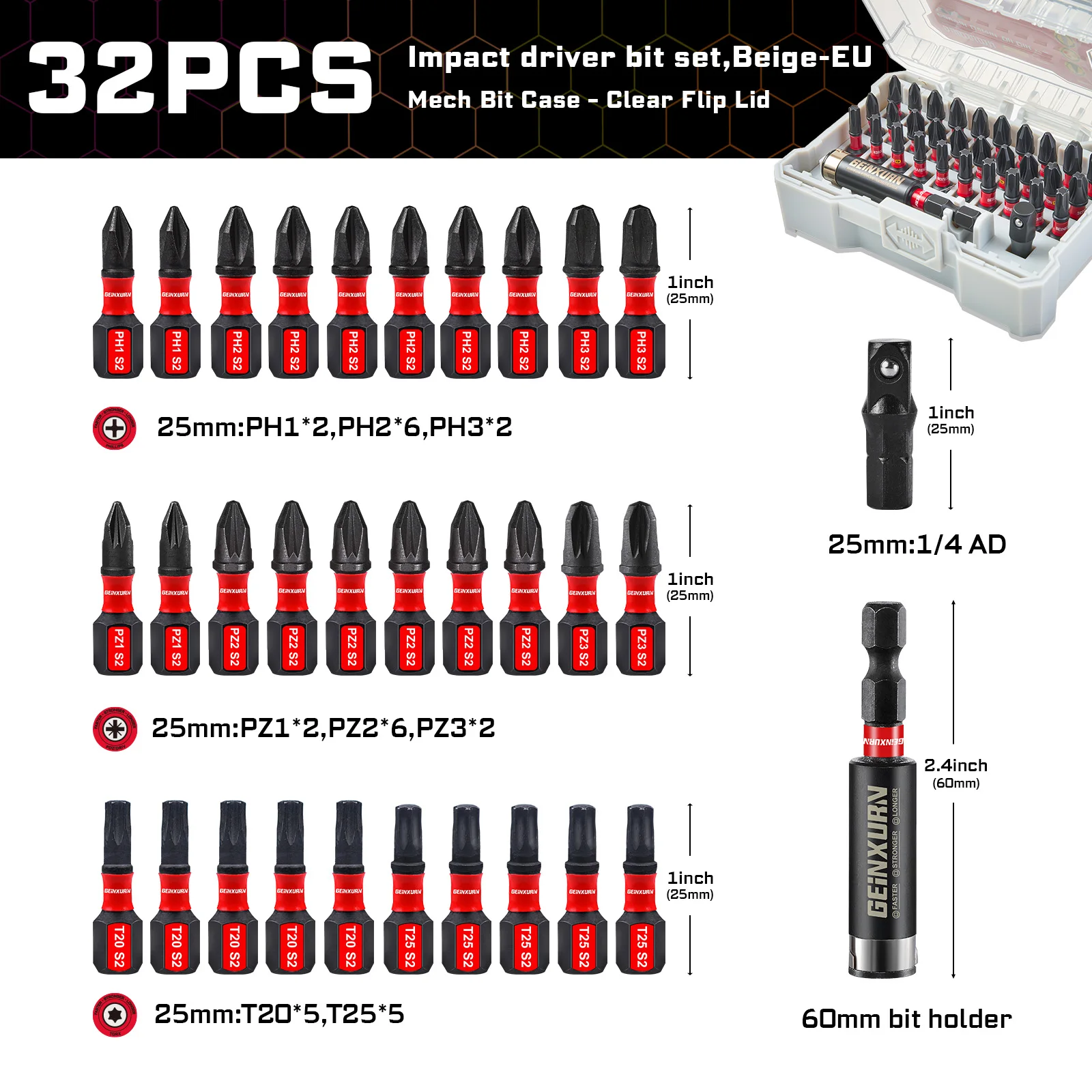 Geinxurn 32-delige S2 stalen slagschroevendraaierbitset, PH/SL/PZ/Torx Muliti Insert Bits Tips Set met bithouder en adapter (doos)