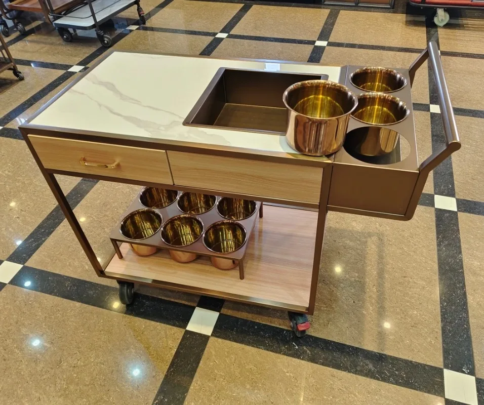 Luxury Rose Gold Mobile Wine Cart Modern Design Drinks Bar Trolley with Ice Tray Bucket Drawer for Home Kitchen Dining Room 5