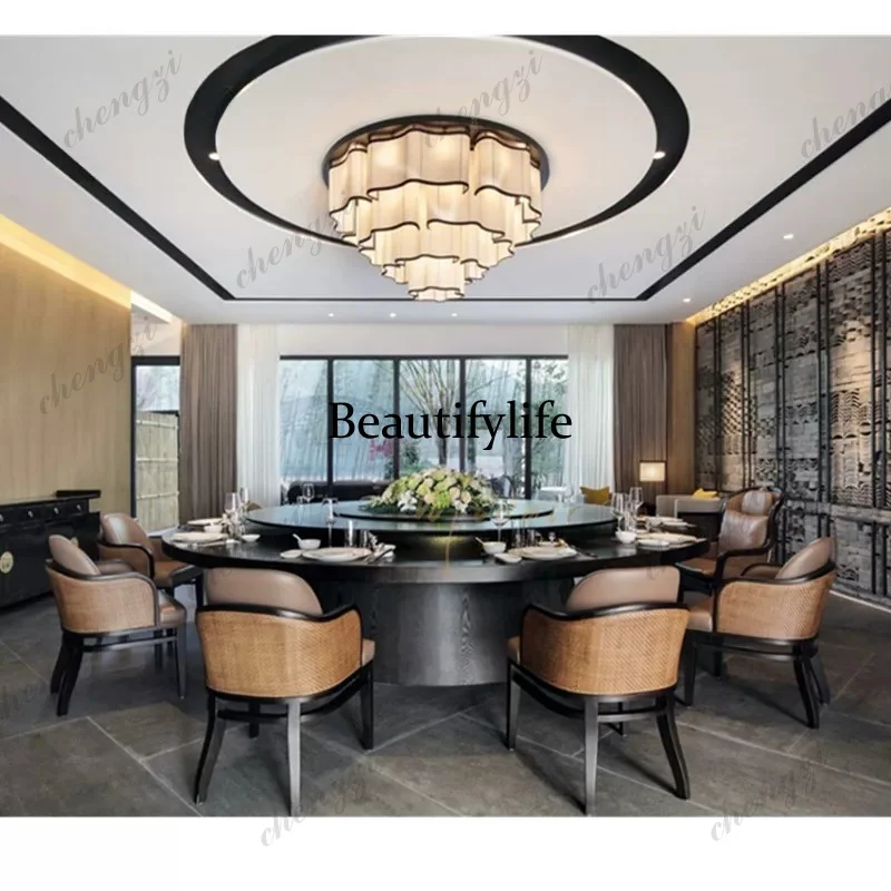 New Chinese style new rattan solid wood leather dining chair modern hotel cafe reception negotiation chair home