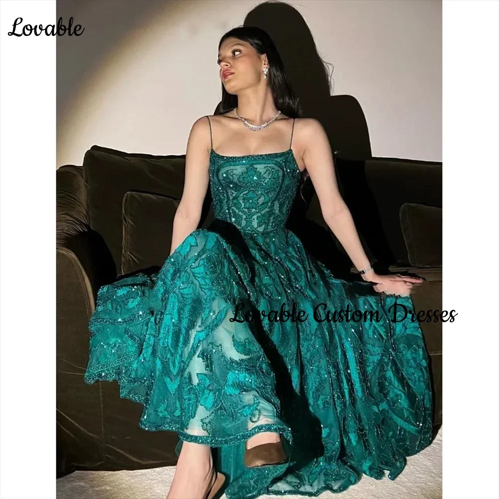 Customized فساتين سهرة A-Line Square Neckline Floor-Length Luxury Evening Dresses Lace Zipper Up Spaghetti Straps Dresses