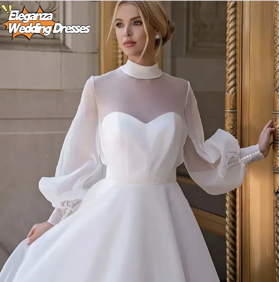 تخصيص الرقبة العالية شفافة طويلة الأكمام شفافة قاسية الشاش فستان الزفاف ألف خط القوس فستان الزفاف الأنيق 2025