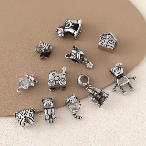 2024 New Ancient Silver Color Dog Cat Horse Castle House Pram Robot Beads Charm Fit Original Bracelet DIY Women Jewelry Making