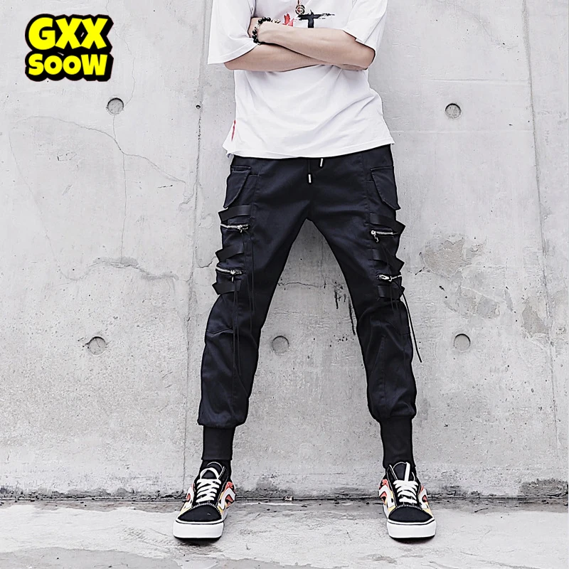 

Hip Hop Joggers Pants Men Ribbons Pocket Cargo Trousers Track Tactical Casual Fashion Elastic Waist Streetwear Pant