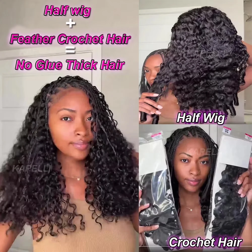 24inch Half Wig with Crochet Kinky Curly Human Hair Wigs 280% High Density Drawstring Wigs and Feather Crochet Hair No Glue