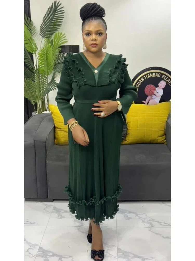 

Pleats 2025 New Solid Color Dense Edge Splicing V-neck Dress Fashionable Loose Women's Dresses Fashion Hot Sales