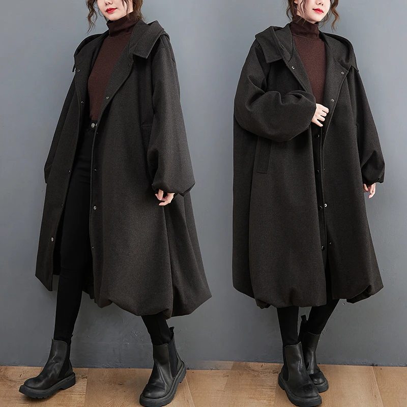 

Осень-зима Thi теплое шерстяное пальто с капюшоном однотонное модное свободное мясо скрывающая ветровка для поездок на работу Sle Long Sve