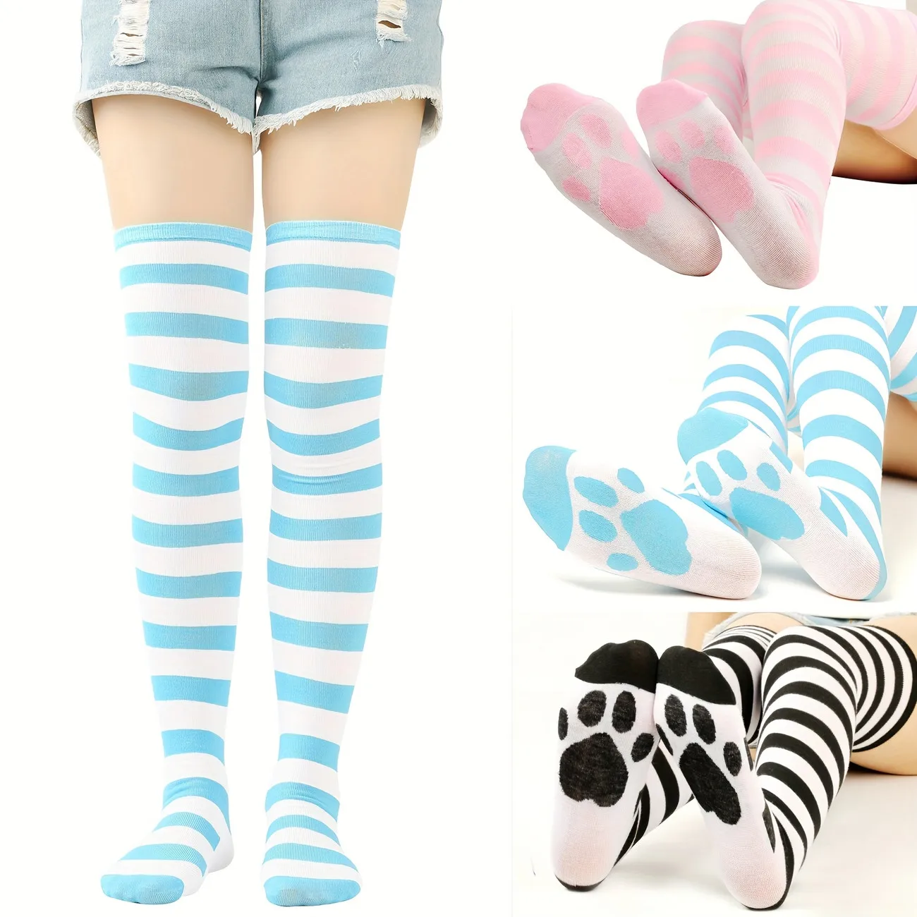 Gestreifte Overknee-Socken mit Katzenpfoten-Motiv für Damen, Oberschenkelhohe Strümpfe, niedliche, weiche Stretch-Strümpfe für Schule, Party, Cosplay – Detail 6
