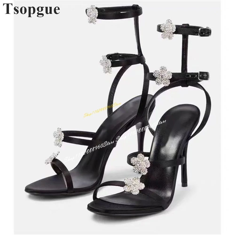 

Black Narrow Strappy Crystal Flower Sandals Thin High Heel Shoes For Women Ankle Buckle Strap Open Toe 2024 Zapatos Para Mujere