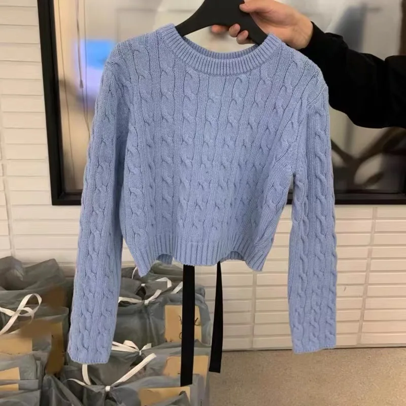 Simple twist short sleeved sweater blouse bow knit top women Forked sweater mujer