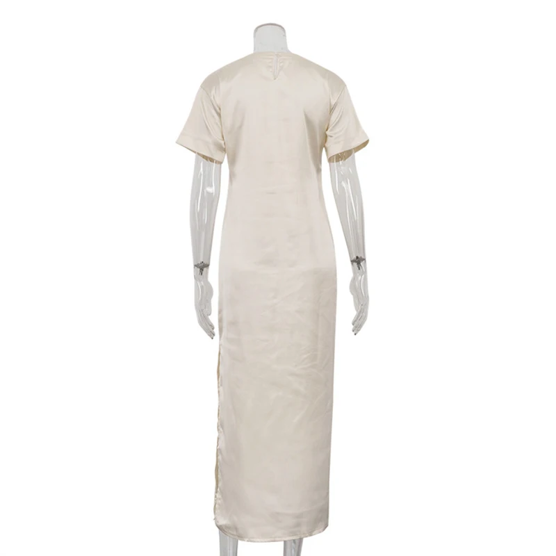 فساتين أنيقة من الساتان بفتحة مستقيمة للربيع للنساء برقبة دائرية وأكمام قصيرة فستان متوسط صيفي عالي الخصر بلوفر بطول الركبة #5