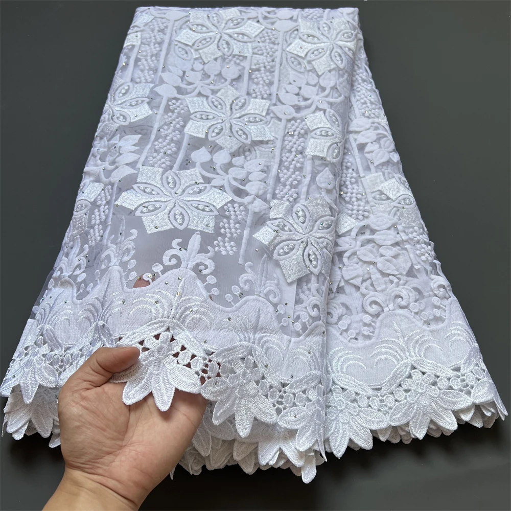 

2025 Высококачественная африканская нигерийская тюлевая кружевная ткань с вышивкой и блестками, французская гипюровая ткань для вечеринок/свадебных платьев, 5 ярдов