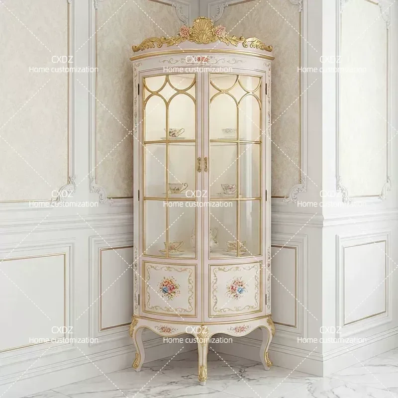 French Solid Wood Corner Cabinet Glass Wine Display Shelf Carved Triangular Storage Unit for Villa Living Room European Style