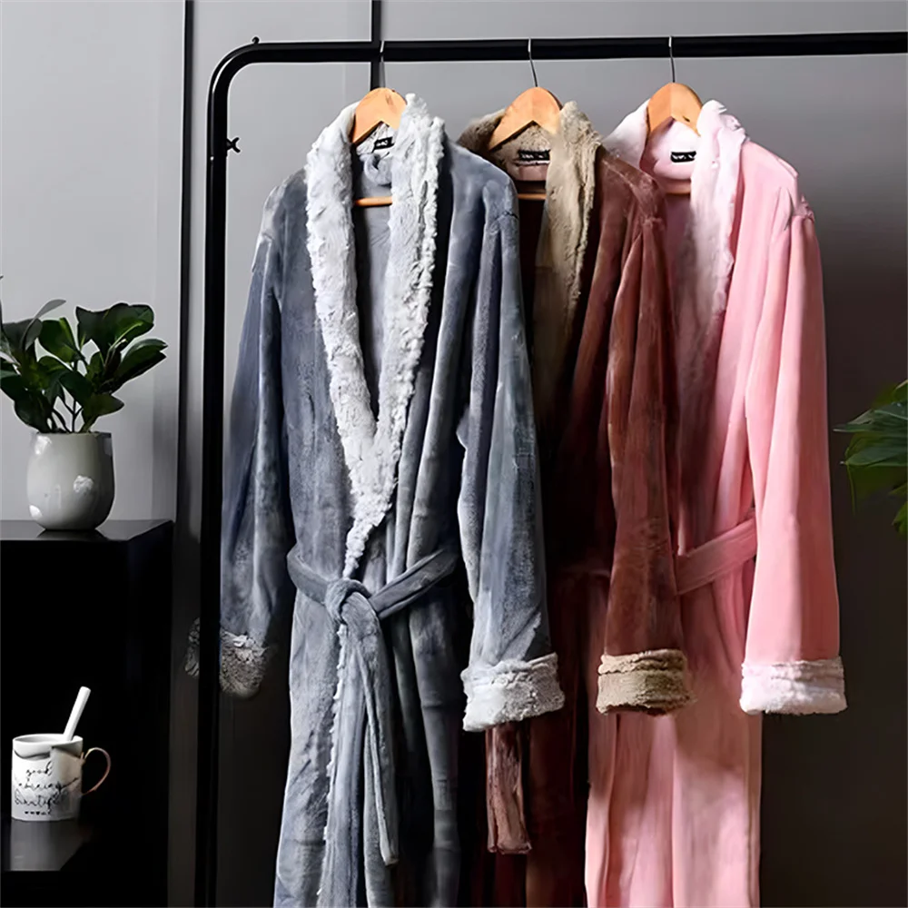 FZSLCYIYI Women Men Robe Coral Fleece Sleepwear Winter Thicken Kimono Bathrobe Soft Couple Sleepwear Flannel Nightwear