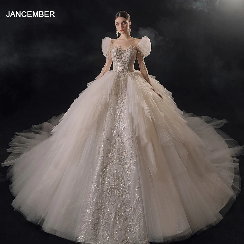 Jancember International Surprise Price Wedding Dresses Organza Full Sleeves Illusion Embroidery Beading vestido de noiva