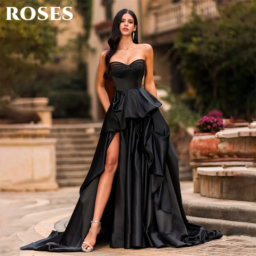 

ROSES Black Strapless Satin Evening Dress High Slit Party Dress Sleeveless vestidos de fiesta Floor Length Prom Gowns Customized