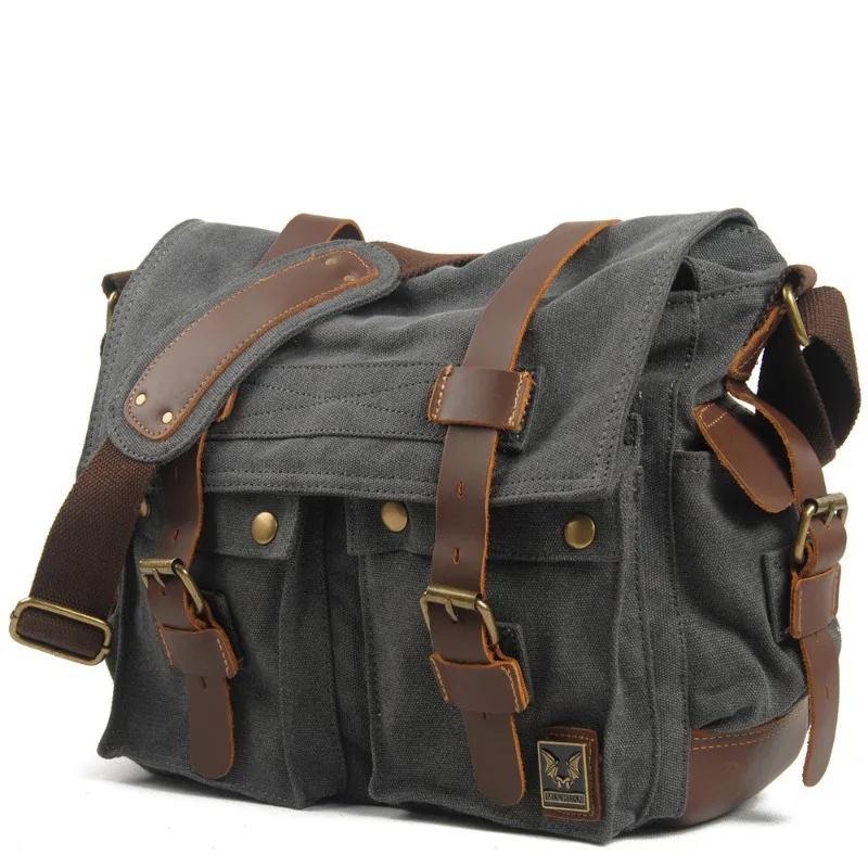 

Unisex Canvas Crazy Horse Leather Messenger Bag Casual Crossbody Shoulder Satchel Bag