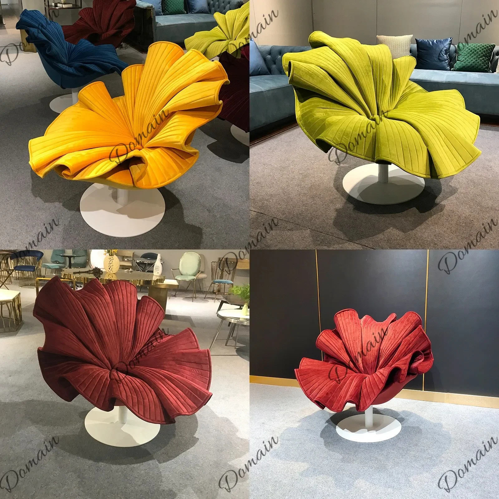 T81 Elegant Modern Luxury Fiberglass Petal Swivel Armchair For Cafe Metal Showroom Designer Chair Wine Red