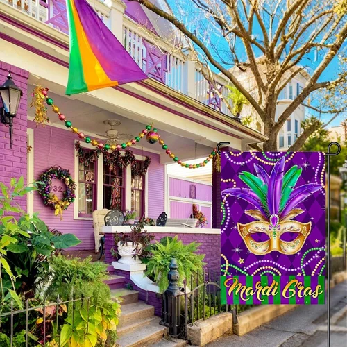 Mardi Gras Flag Garden 12X18 Double Sided Outdoor Yard Sign, Feather Mask and Be OOV IIC