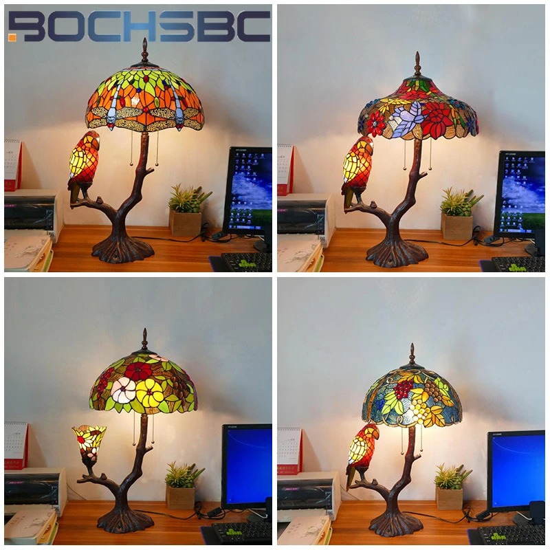 BOCHSBC Tiffany style stained glass parrot retro table lamp for living room study desk lamp cafe hotel desk lamp LED decor