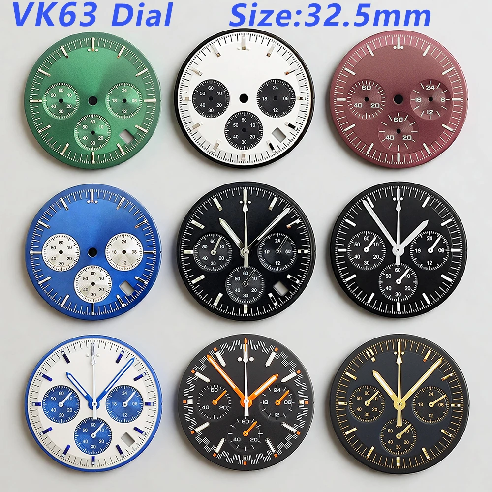 

32.5mm New VK63 dial men's watch Custom Logo Dial Panda Dial Green Luminous Dial suitable for VK63 movement watch accessories