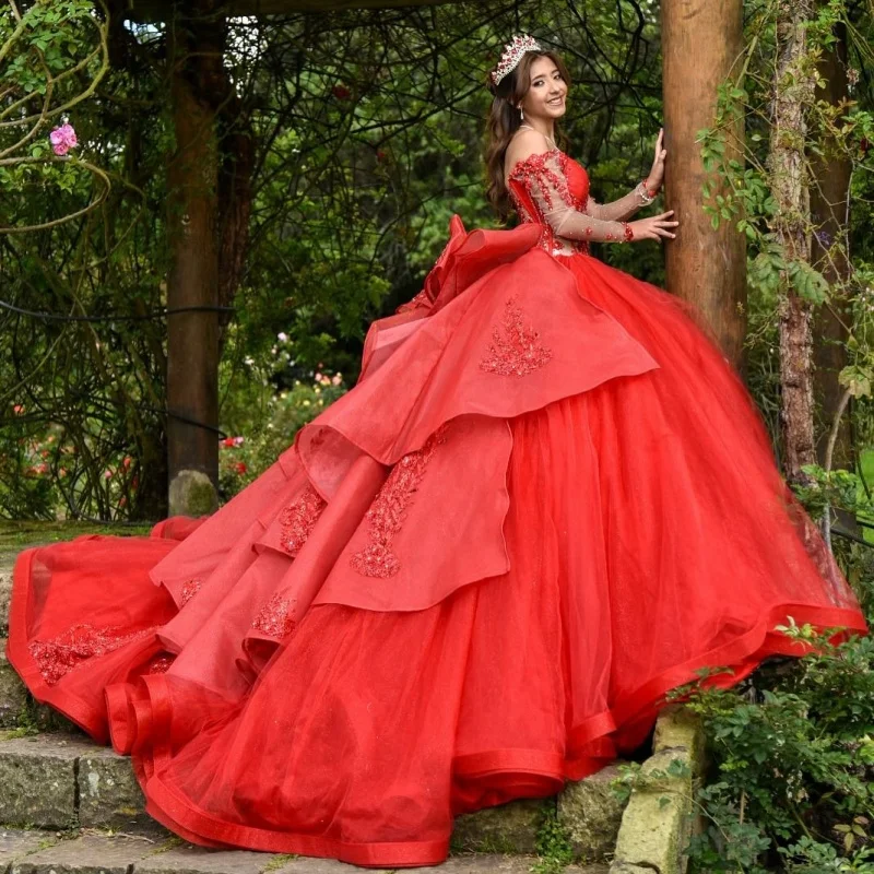 

Red Off Shoulder Quinceanera Dress Lace crystal sequin applique Tull layering 3D flower vestidos de 15 Quinceanera Customized
