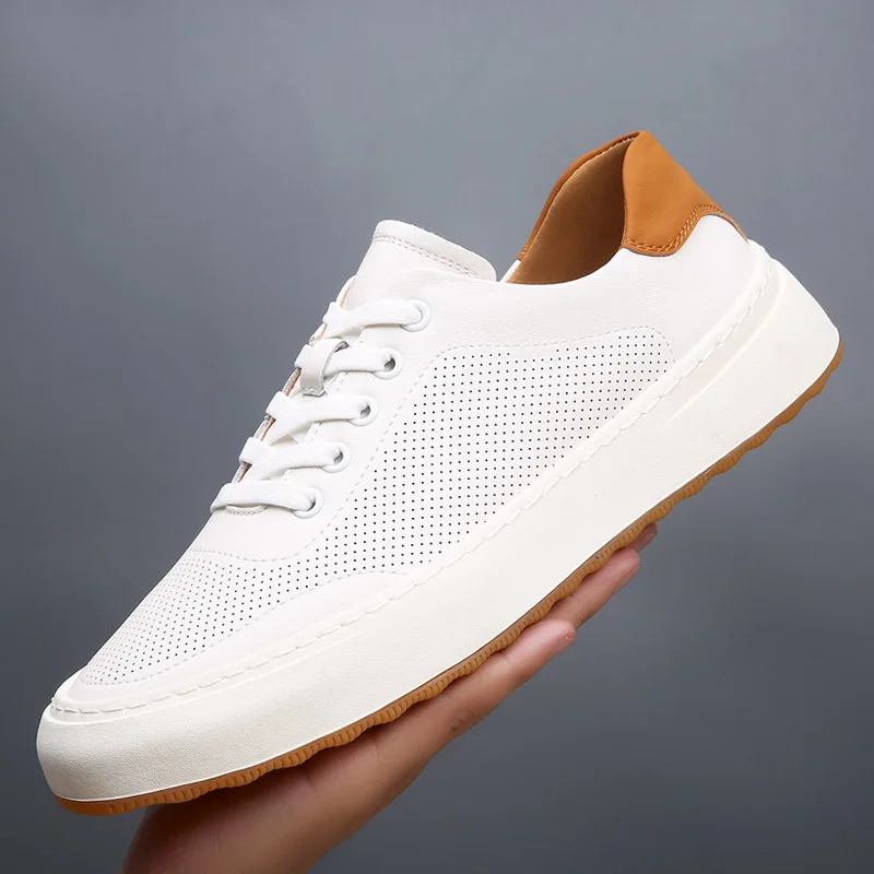 New Shoes for Men Genuine Leather Casual Shoes Spring Summer Microporous Flats Skateboard Shoes Lace-up Sneakers