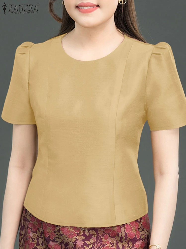 Stilvolle Frauen Tops ZANZEA Elegante Sommer Satin Bluse Kurzarm Solide Büro Hemd Casual O Neck Arbeit Blusas Mujer Femme 2025