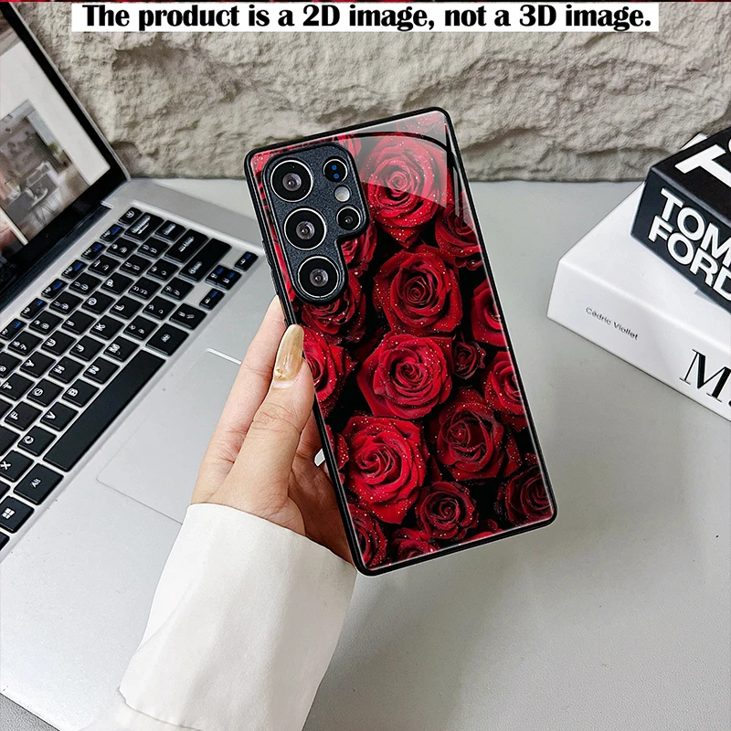 Red Rose Water Drop Pattern Case,2D Print Black Glass Cover for Samsung S/A Series,Full Coverage Shockproof Phone Accessory